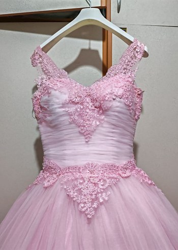 Dantel İşlemeli Pembe Uzun prenses model nişanlık - Görsel 6