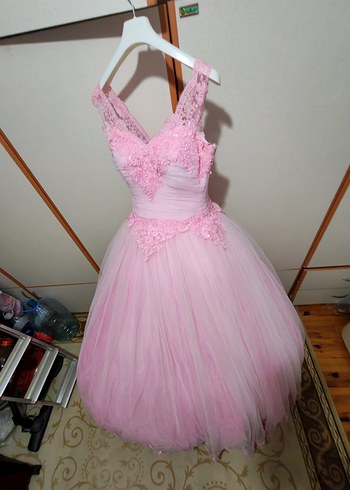 Dantel İşlemeli Pembe Uzun prenses model nişanlık - Görsel 4