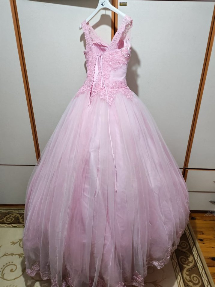 Dantel İşlemeli Pembe Uzun prenses model nişanlık - Görsel 5