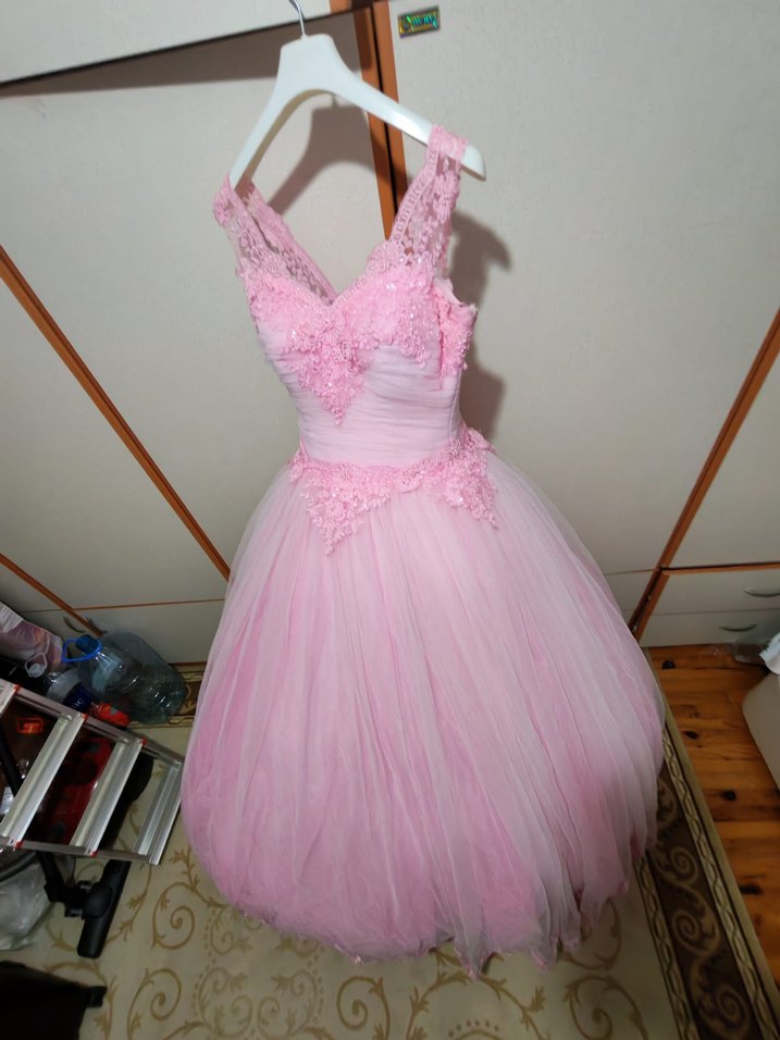 Dantel İşlemeli Pembe Uzun prenses model nişanlık - Görsel 4