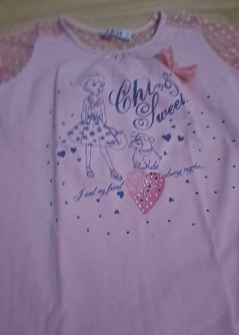 Kız Çocuk Pembe Dantelli Baskılı Tişört - Görsel 2