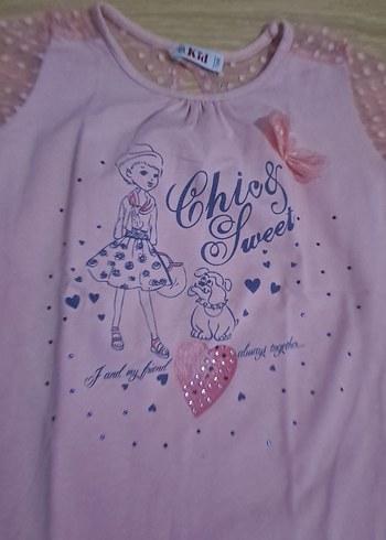 Kız Çocuk Pembe Dantelli Baskılı Tişört - Görsel 3