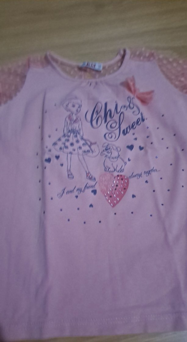 Kız Çocuk Pembe Dantelli Baskılı Tişört - Görsel 2