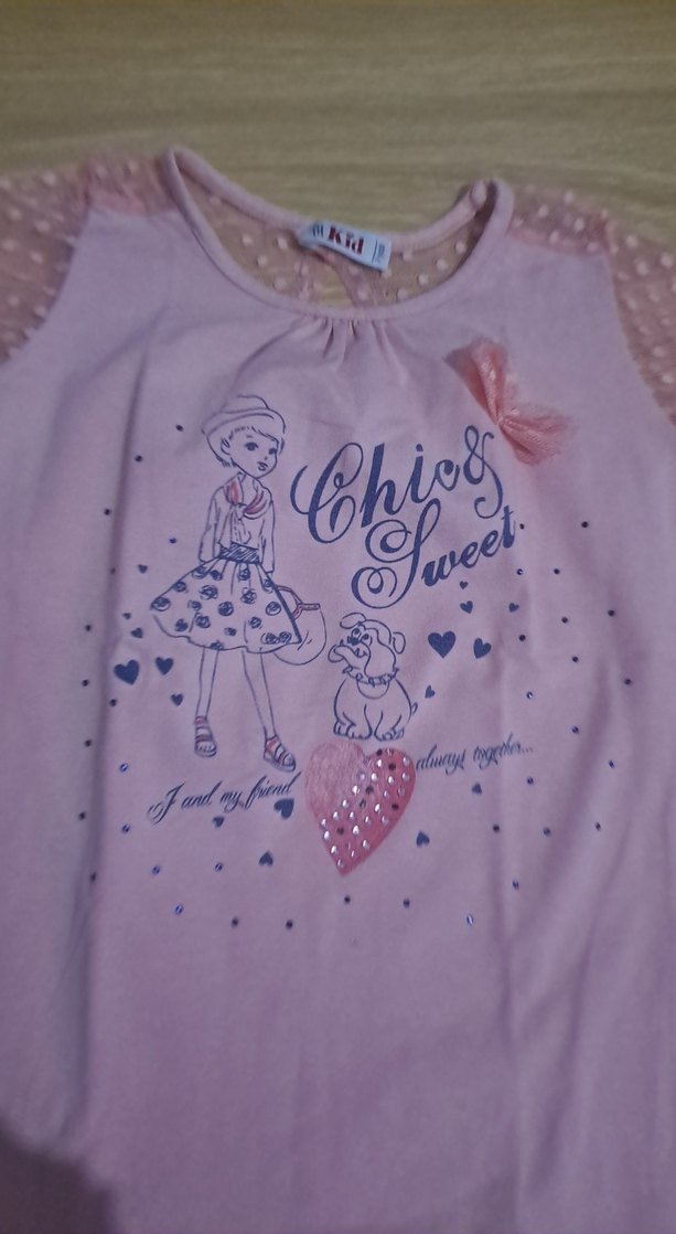 Kız Çocuk Pembe Dantelli Baskılı Tişört - Görsel 3