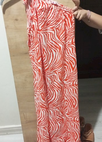 Turuncu Zebra Desenli Uzun Elbise