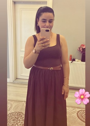 Kahverengi Midi Askılı Elbise