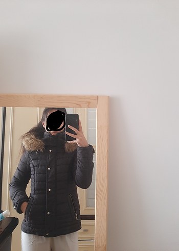 kürk şapkalı antrasit renk mont - Görsel 3