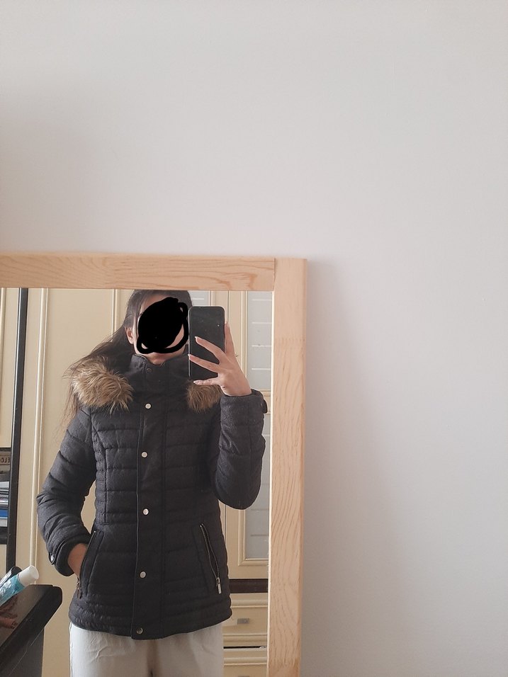 kürk şapkalı antrasit renk mont - Görsel 3