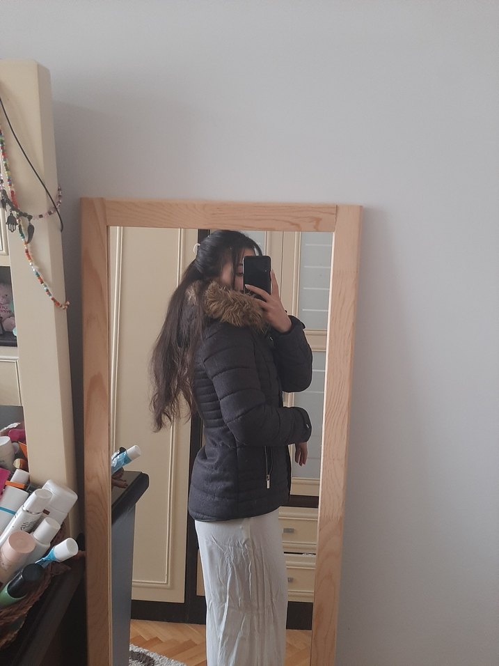 kürk şapkalı antrasit renk mont - Görsel 2