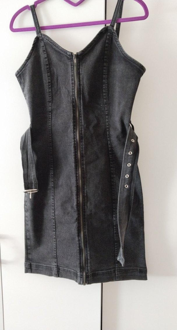 Kemerli Siyah kot elbise - Görsel 3