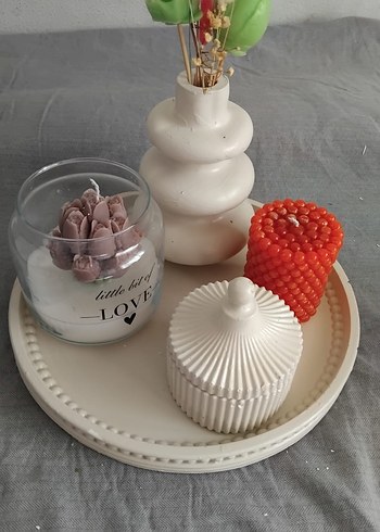 Beyaz Dekoratif Mum ve Mumluk Seti - Görsel 2