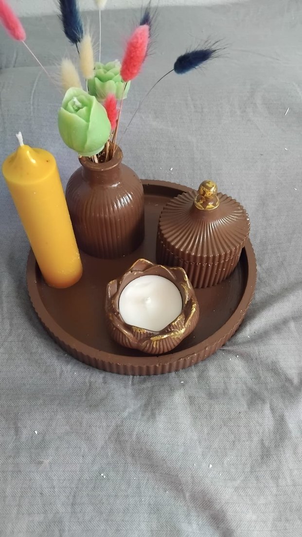 Kahverengi Seramik Mum Seti ve Vazolu - Görsel 3