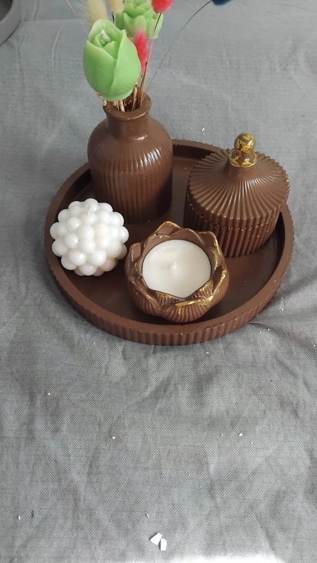 Kahverengi Seramik Mum Seti ve Vazolu - Görsel 2