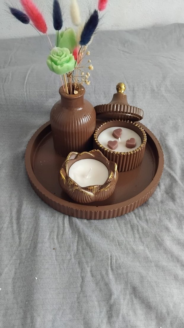 Kahverengi Seramik Mum Seti ve Vazolu - Görsel 5