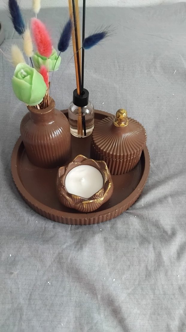 Kahverengi Seramik Mum Seti ve Vazolu - Görsel 4