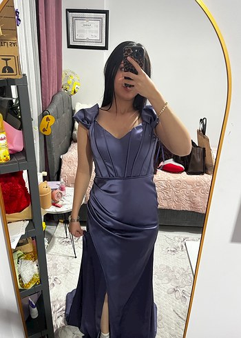 Mor V Yakalı Uzun Drapeli Abiye Elbise - Görsel 4