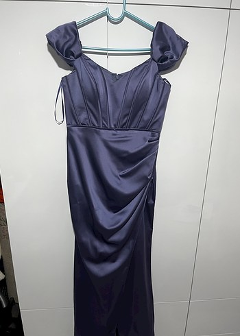 Mor V Yakalı Uzun Drapeli Abiye Elbise - Görsel 3