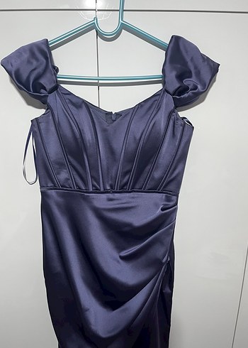 Mor V Yakalı Uzun Drapeli Abiye Elbise - Görsel 2