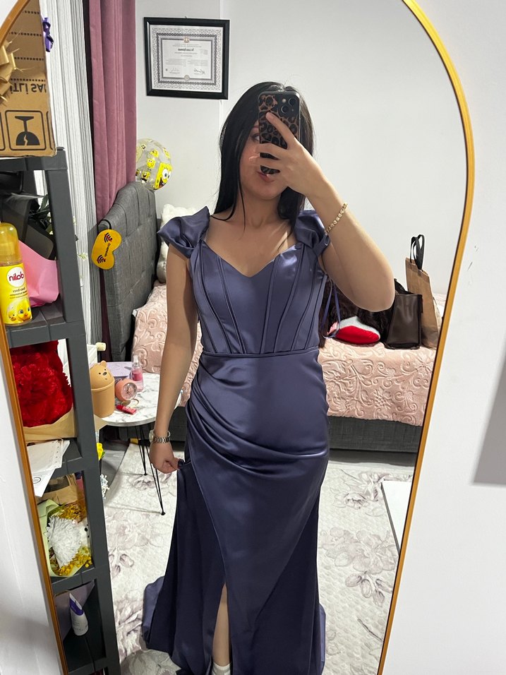 Mor V Yakalı Uzun Drapeli Abiye Elbise - Görsel 4