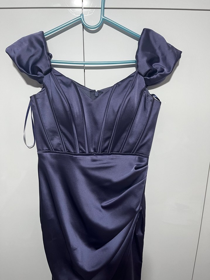 Mor V Yakalı Uzun Drapeli Abiye Elbise - Görsel 2