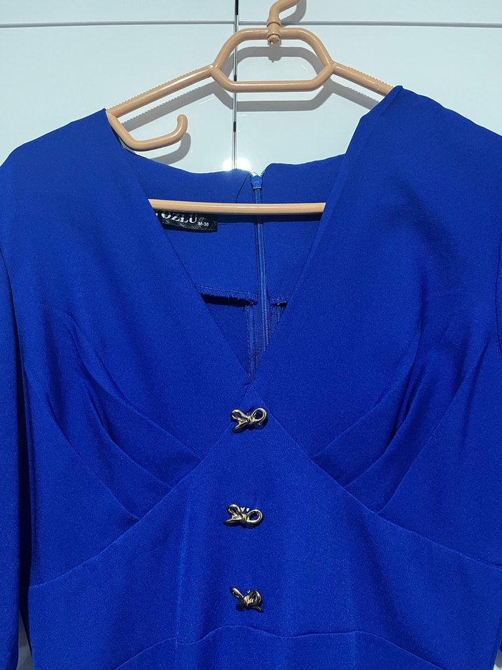 Düğmeli Lacivert Uzun Elbise - Görsel 3