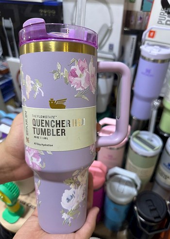 Mor Çiçek Desenli Quencher FİYONKLU TERMOS