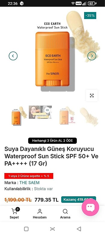 The saem stick güneş kremi