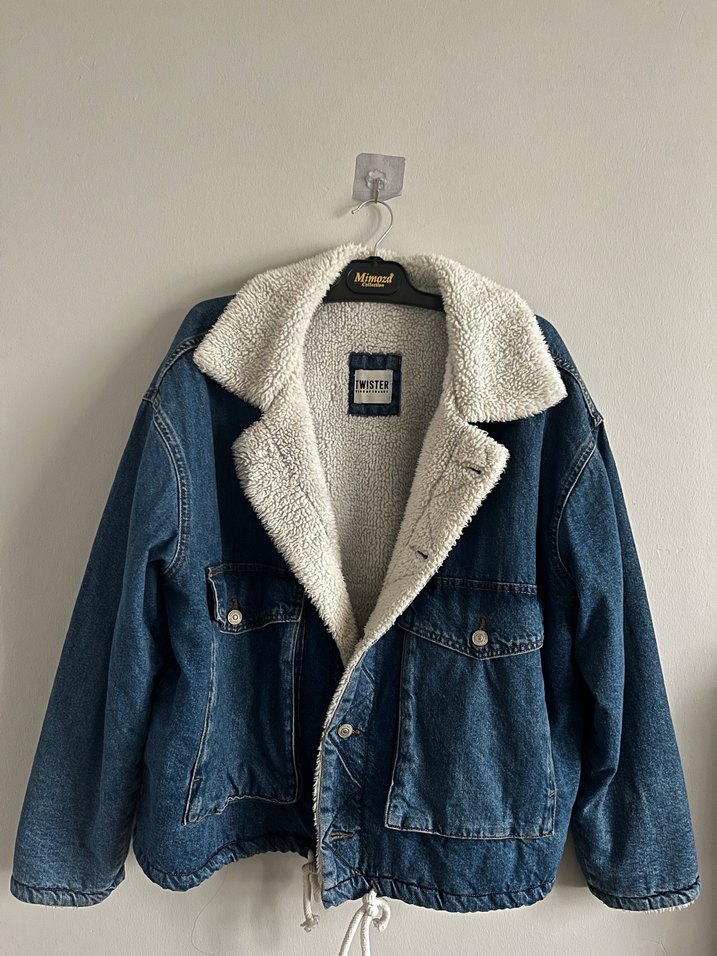 Kadın Beyaz Kürklü Oversize Kot Ceket - Görsel 2