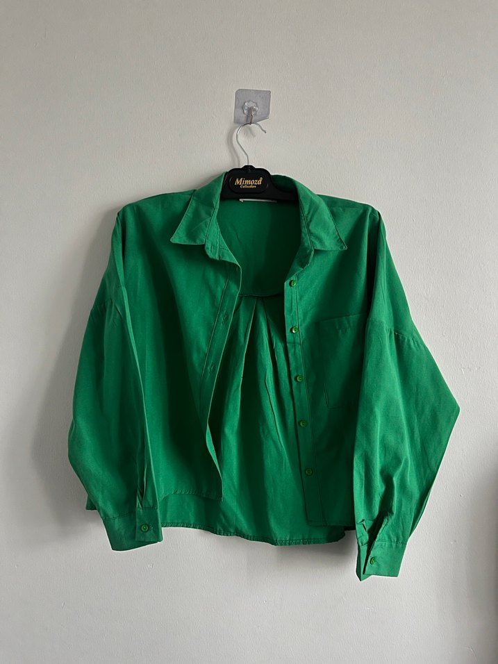 Düğmeli Yeşil Keten Kadın Gömlek - Görsel 2