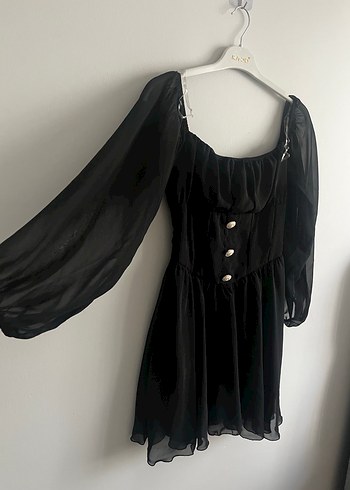 Siyah Mini Goth Elbise Düğmeli - Görsel 2