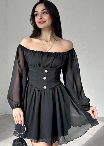 Siyah Mini Goth Elbise Düğmeli - Görsel 13