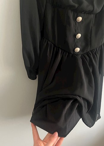 Siyah Mini Goth Elbise Düğmeli - Görsel 6