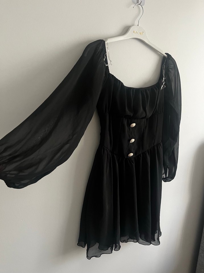 Siyah Mini Goth Elbise Düğmeli - Görsel 2