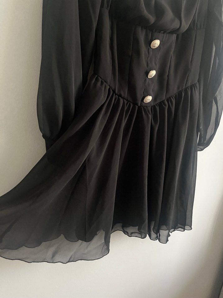 Siyah Mini Goth Elbise Düğmeli - Görsel 5