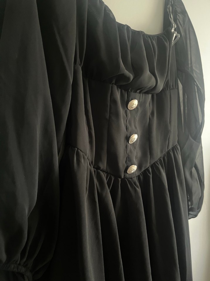 Siyah Mini Goth Elbise Düğmeli - Görsel 3