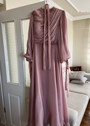 Pembe Drapeli Uzun Kollu Abiye Elbise - Görsel 2