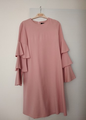 Pembe Uzun Kollu Fırfırlı Kadın Tunik