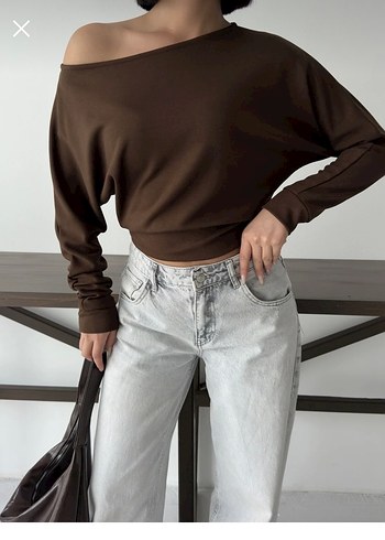 Kahverengi Uzun Kollu Crop kayık yaka - Görsel 2