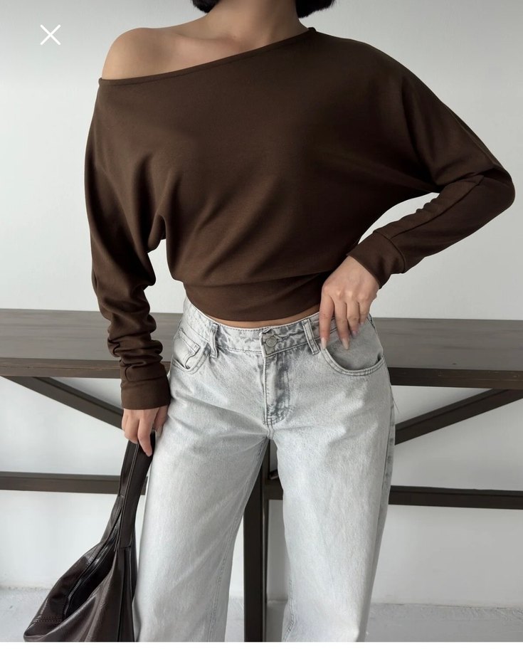 Kahverengi Uzun Kollu Crop kayık yaka - Görsel 2