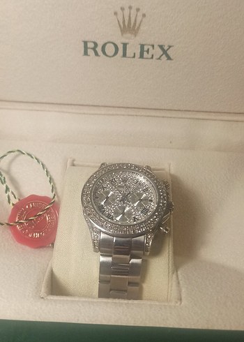 Beden beyaz Renk Rolex taşlı kadran ve çerceve bayan saat.