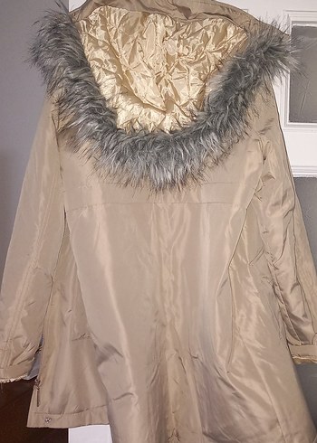 Bej Midi Kadın Ceket, Kürklü Kapüşonlu - Görsel 2