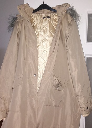 Bej Midi Kadın Ceket, Kürklü Kapüşonlu - Görsel 4
