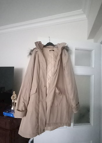 Bej Midi Kadın Ceket, Kürklü Kapüşonlu - Görsel 3