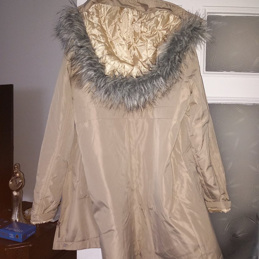 Bej Midi Kadın Ceket, Kürklü Kapüşonlu - Görsel 2
