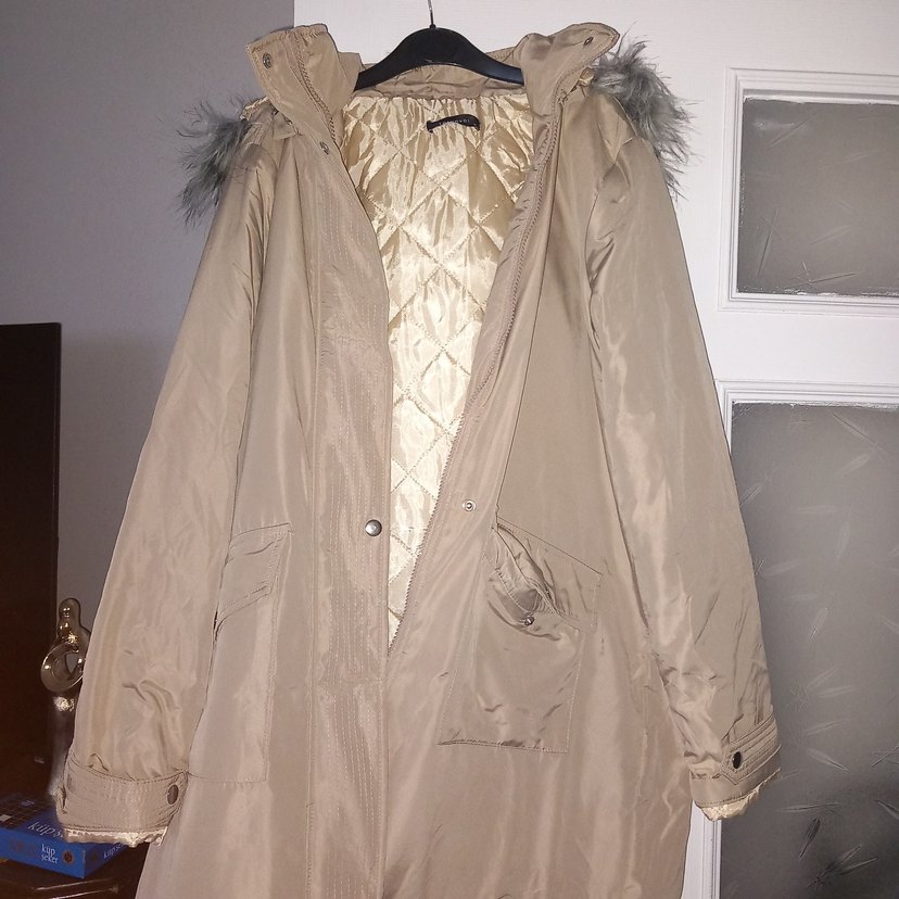 Bej Midi Kadın Ceket, Kürklü Kapüşonlu - Görsel 4