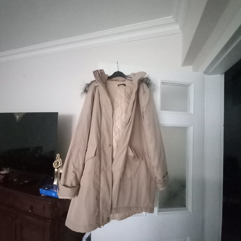 Bej Midi Kadın Ceket, Kürklü Kapüşonlu - Görsel 3