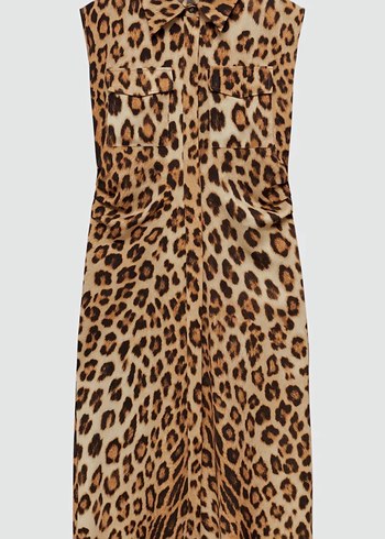 l Beden Mango Kahverengi Leopar Desenli Midi saten Elbise