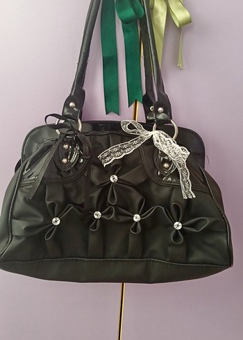 Klasik, Siyah, Taş Detaylı, Gotik, İçi Geniş Deri Vintage Çanta - Görsel 3