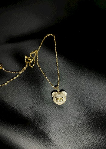 Ayıcık detaylı taşlı altın kolye - Görsel 3