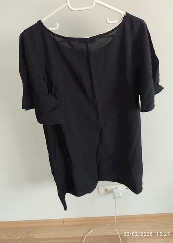 Kadın Siyah Keten V Yaka Salaş Bluz - Görsel 2